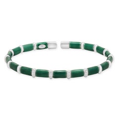 Sterling Silver & 18 Karat White Gold Green Enamel Bangle Bracelet