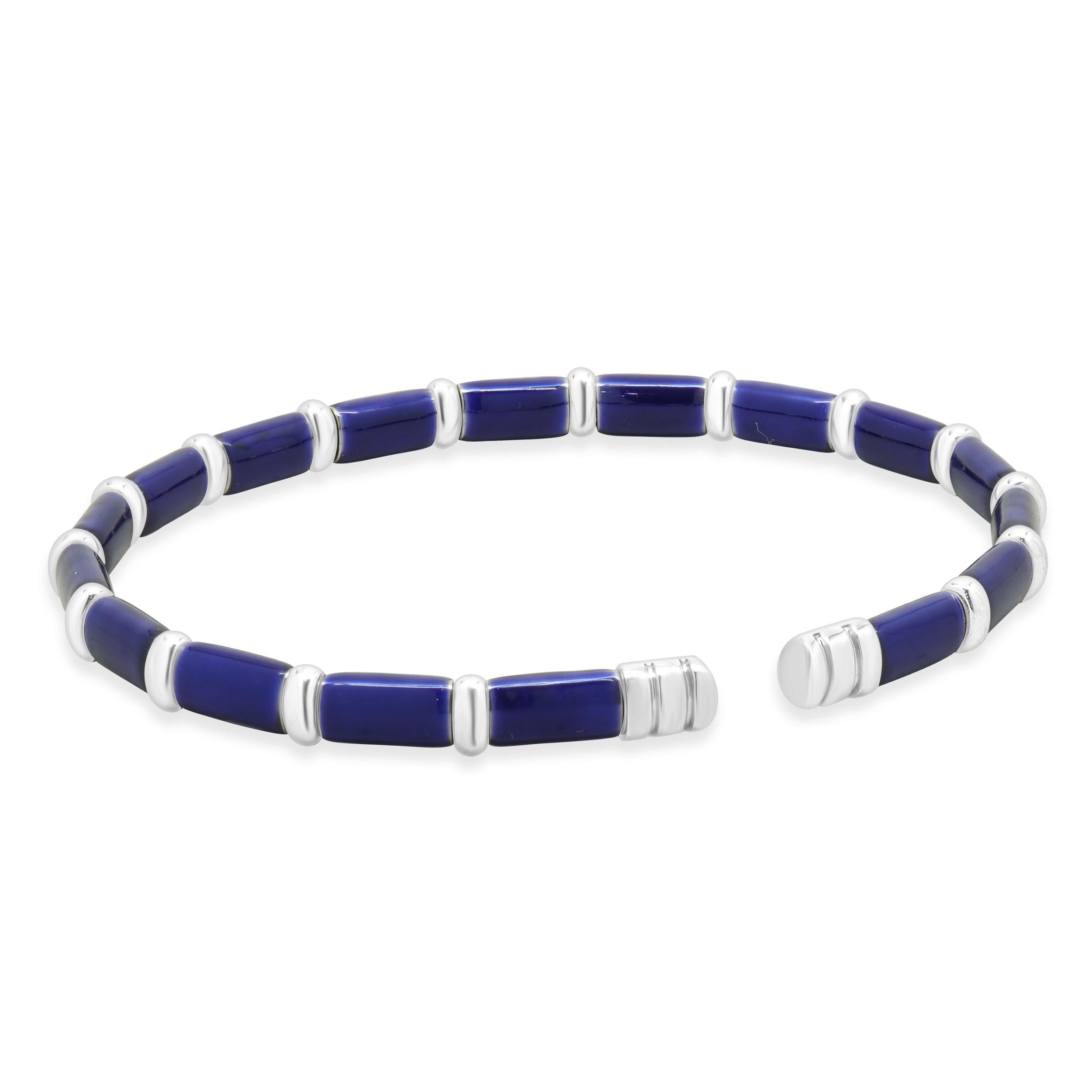 Bracciale in argento sterling e oro bianco 18 carati con smalto blu navy In condizioni ottime in vendita a Scottsdale, AZ