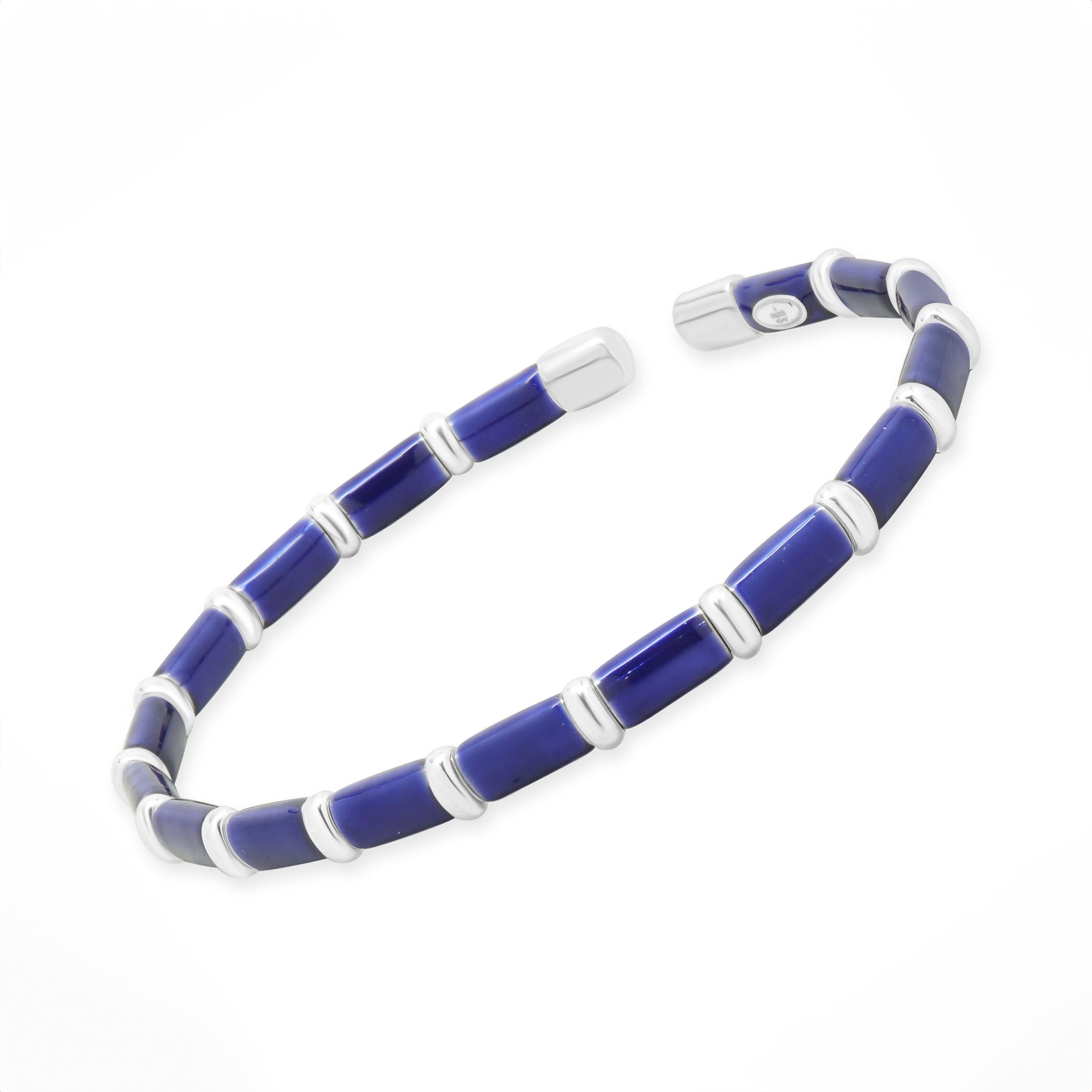 da uomo o donna Bracciale in argento sterling e oro bianco 18 carati con smalto blu navy in vendita