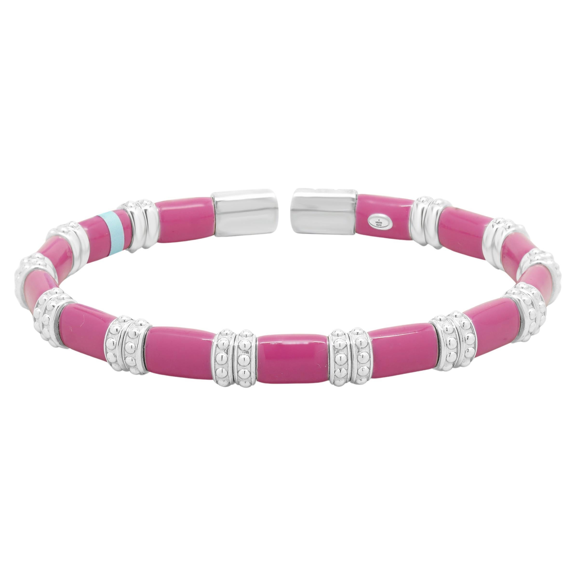 Sterling Silver 
18 Karat White Gold Pink Double Row Enamel Bangle Bracelet