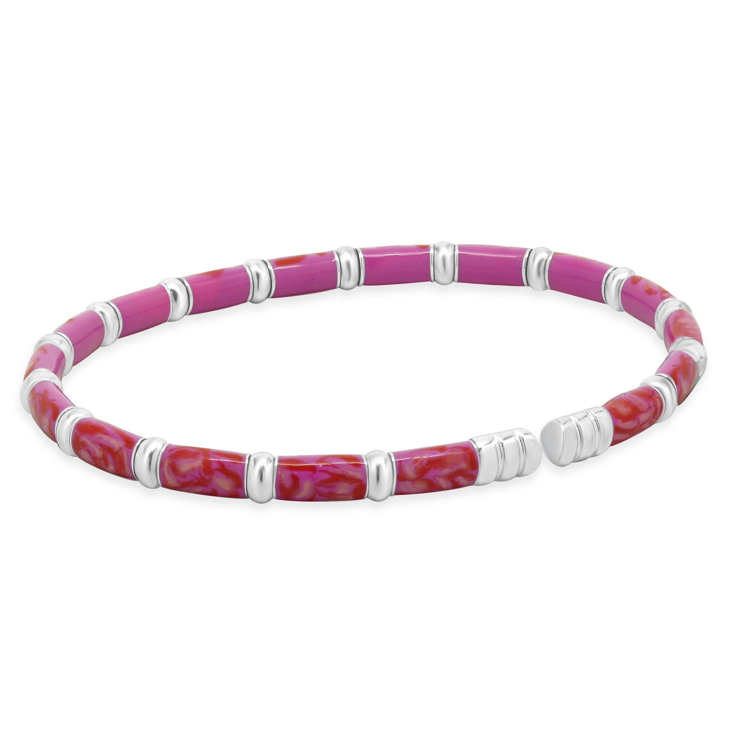 Bracciale in argento sterling e oro bianco 18 carati con smalto rosa In condizioni ottime in vendita a Scottsdale, AZ