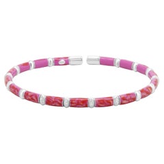 Sterling Silver & 18 Karat White Gold Pink Enamel Bangle Bracelet