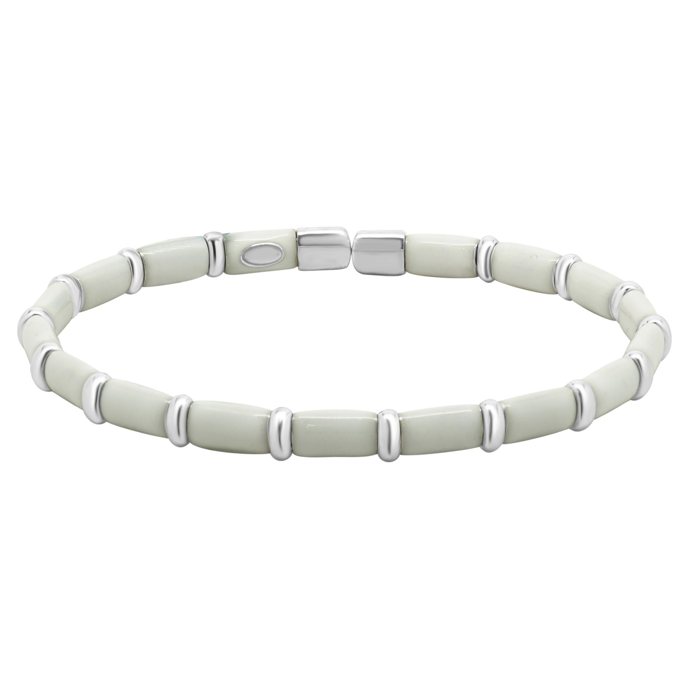 Sterling Silver & 18 Karat White Gold White Enamel Bangle Bracelet