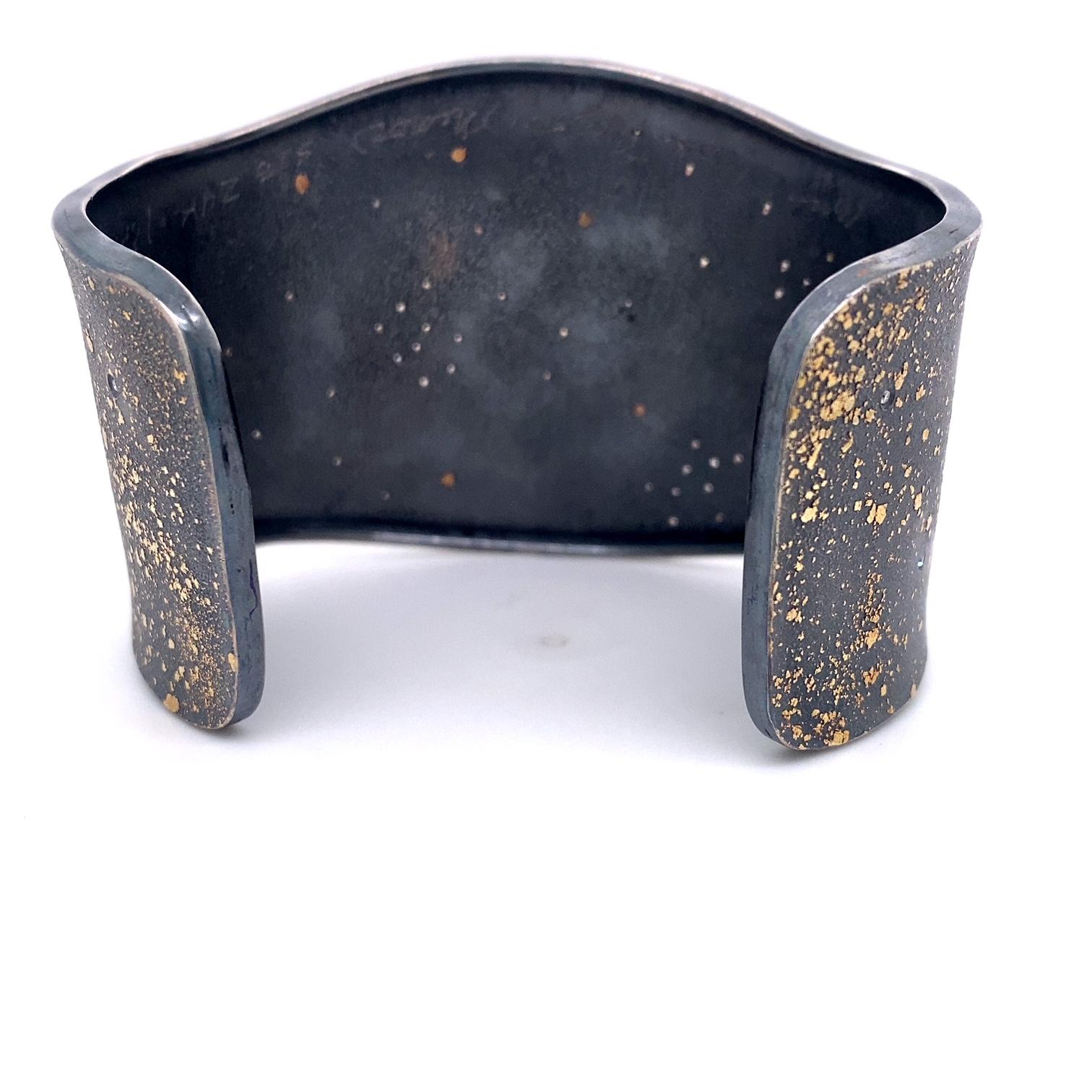 Round Cut Sterling Silver, 18k and 24 Karat Yellow Gold Cuff Bracelet with White Diamonds For Sale