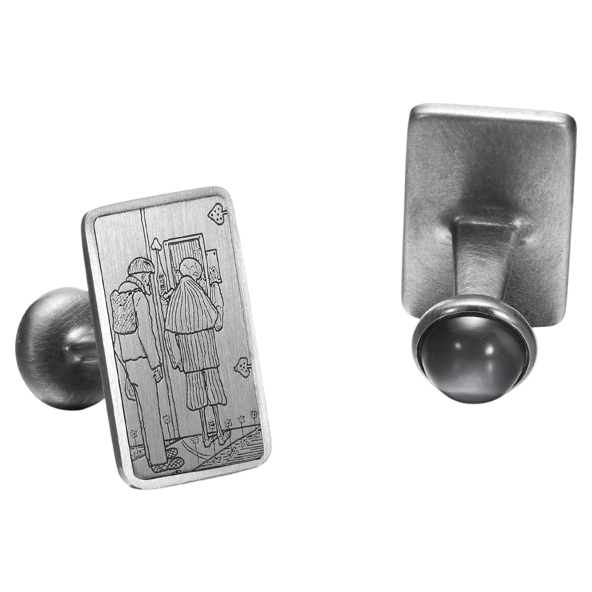 Gemelli in argento sterling e oro bianco 18 carati con pietra di luna grigia