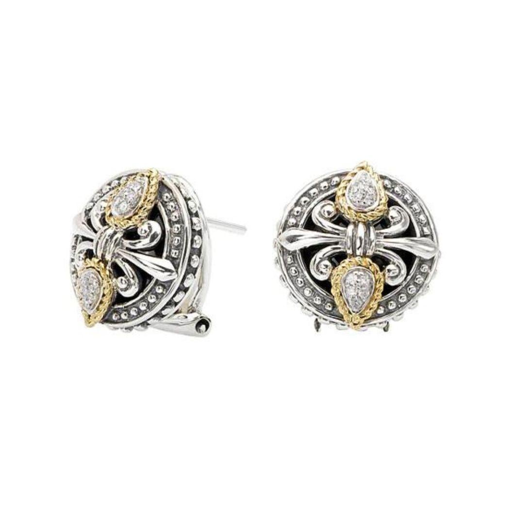 Elegant Fleur De Lis Earrings in Sterling Silver and rich 18k Yellow Gold. Delicate milgrain design and pave set fine white diamonds give this classic pendant a touch of antique royal flair. Design is offset by a classy black onyx backdrop. Total