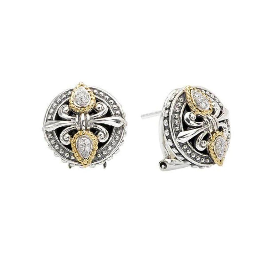   Sterling Silver, 18k Yellow Gold and Diamonds Fleur De Lis Earrings In New Condition For Sale In Stamford, CT