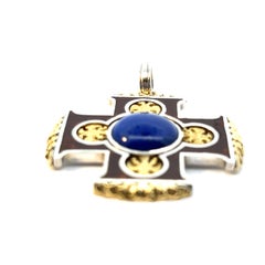 Sterling Silver 18k Yellow Gold Lapis Lazuli Cabochon Red Enamel Cross Pendant