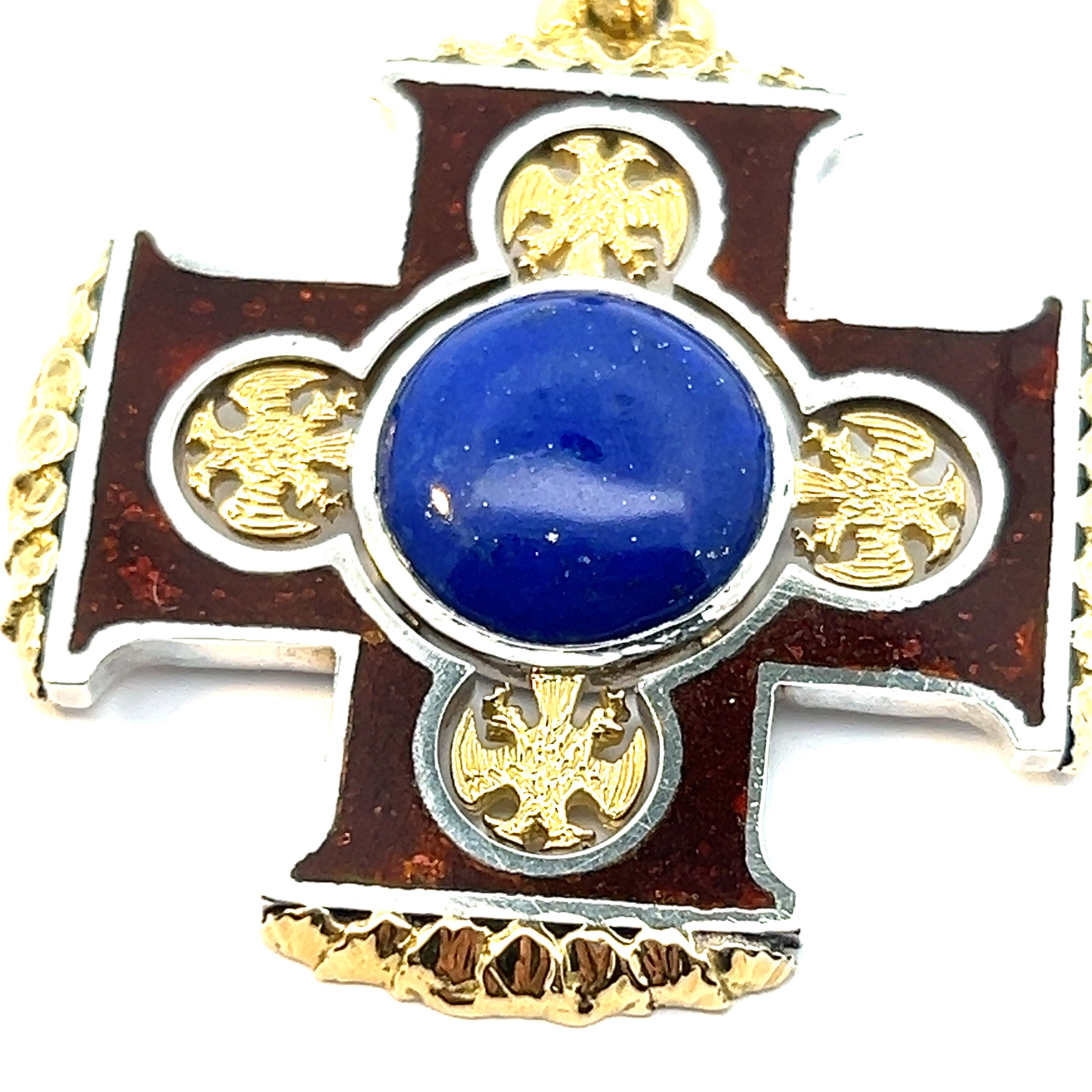 Sterling Silver 18k Yellow Gold Lapis Lazuli Cabochon Red Enamel Cross Pendant In New Condition For Sale In New York, NY
