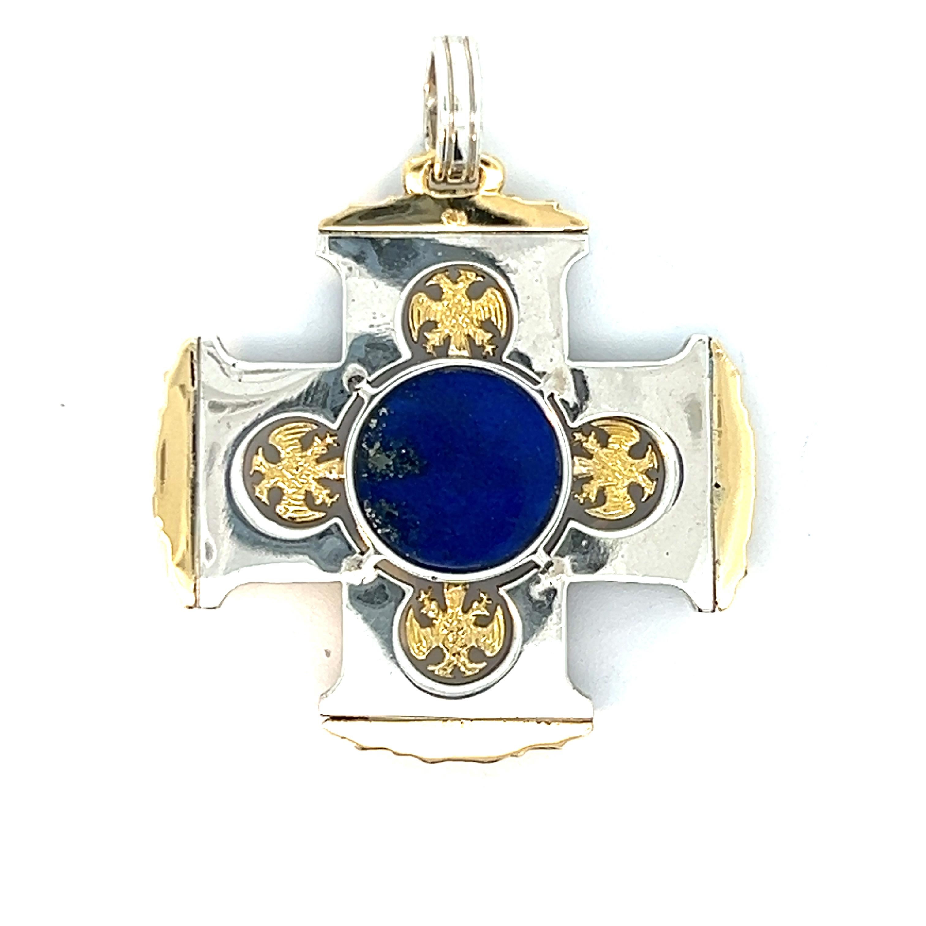 Women's or Men's Sterling Silver 18k Yellow Gold Lapis Lazuli Cabochon Red Enamel Cross Pendant For Sale