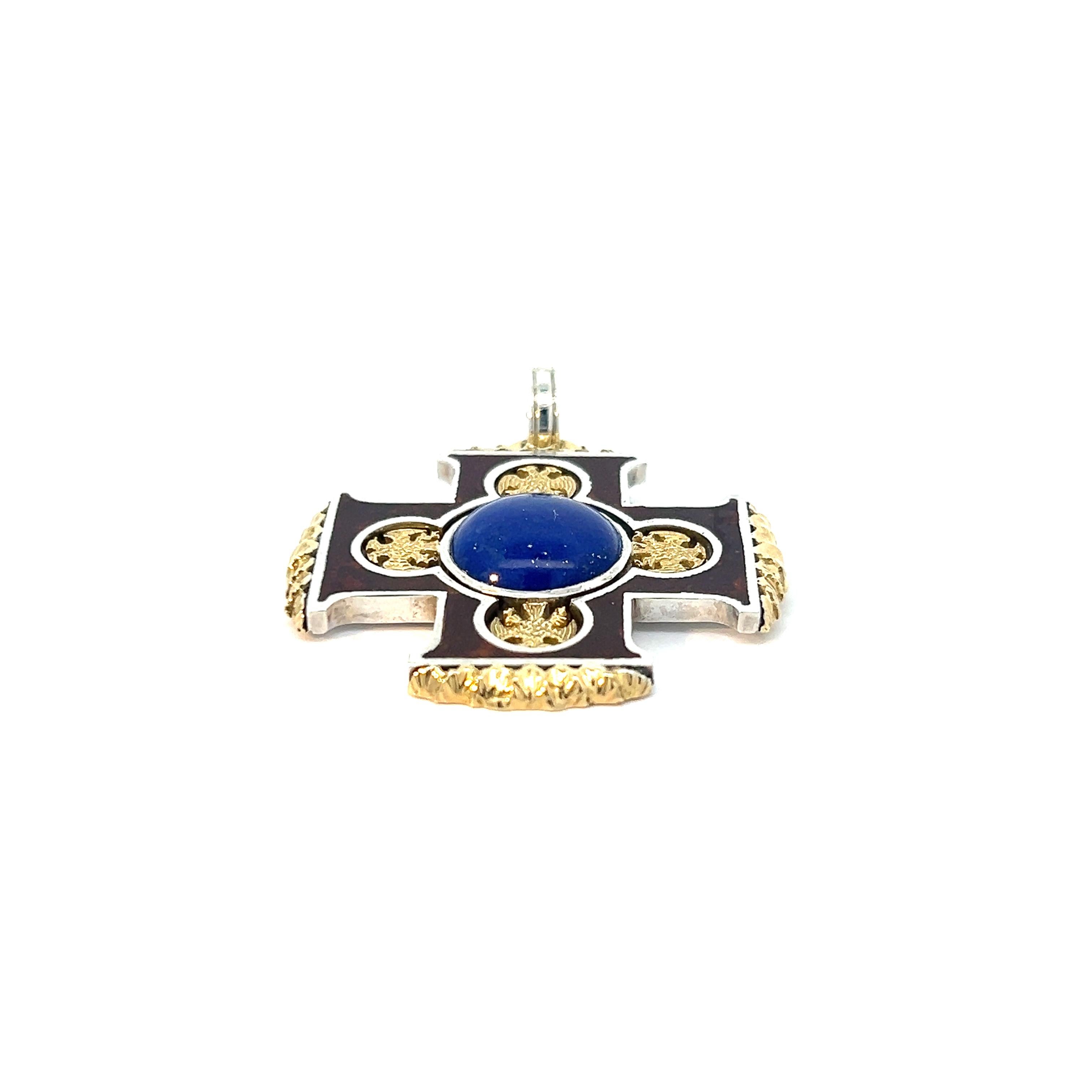 Sterling Silver 18k Yellow Gold Lapis Lazuli Cabochon Red Enamel Cross Pendant For Sale 1