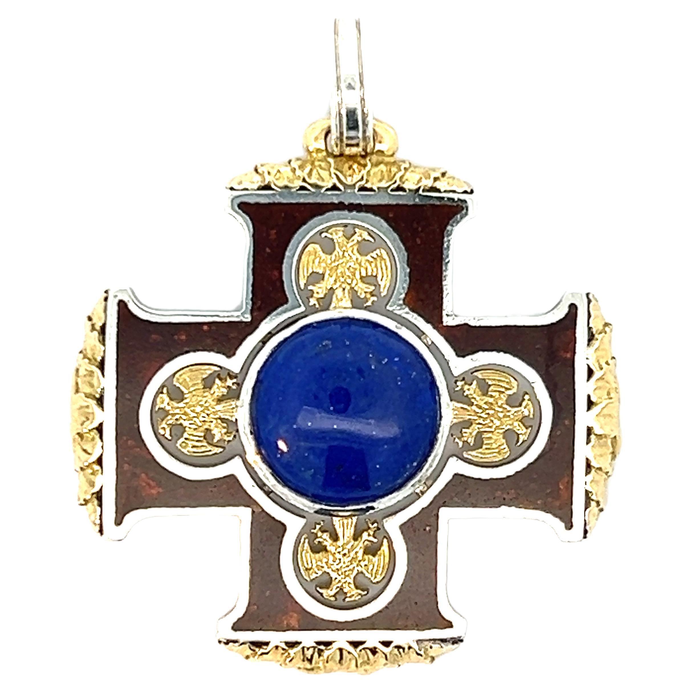 Sterling Silver 18k Yellow Gold Lapis Lazuli Cabochon Red Enamel Cross Pendant For Sale