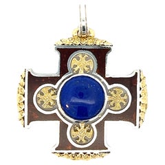 Sterling Silver 18k Yellow Gold Lapis Lazuli Cabochon Red Enamel Cross Pendant