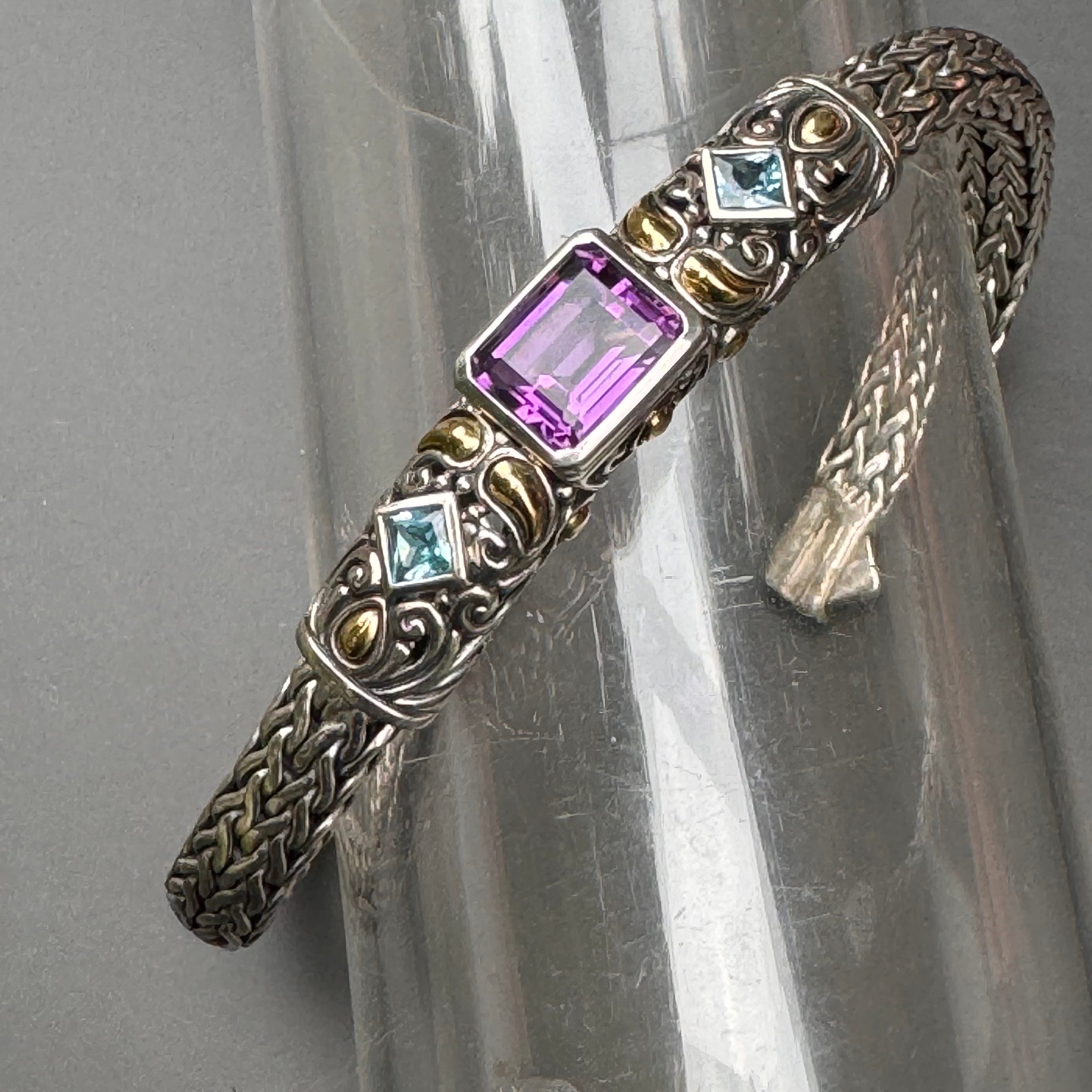 Designer Byzantine Style Amethyst ,Flexible Chain Sterling Silver & 18kt Gold accents Bracelet - A stunning fusion of elegance and opulence. Crafted in the Byzantine style, this bracelet features intertwining sterling silver flexible chains, adorned