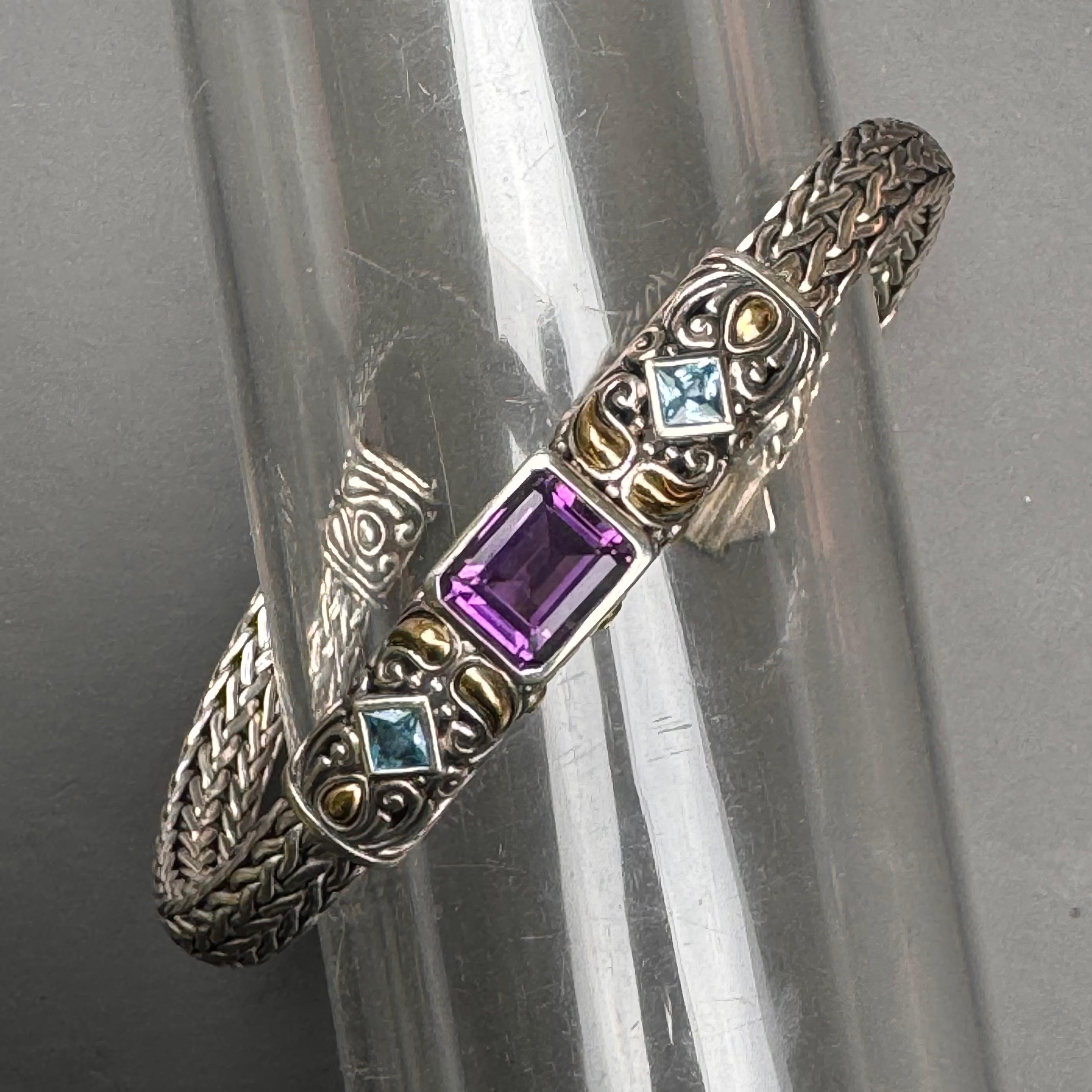 Modern Sterling Silver 18kt Gold Amethyst Flexible Chain Bracelet For Sale