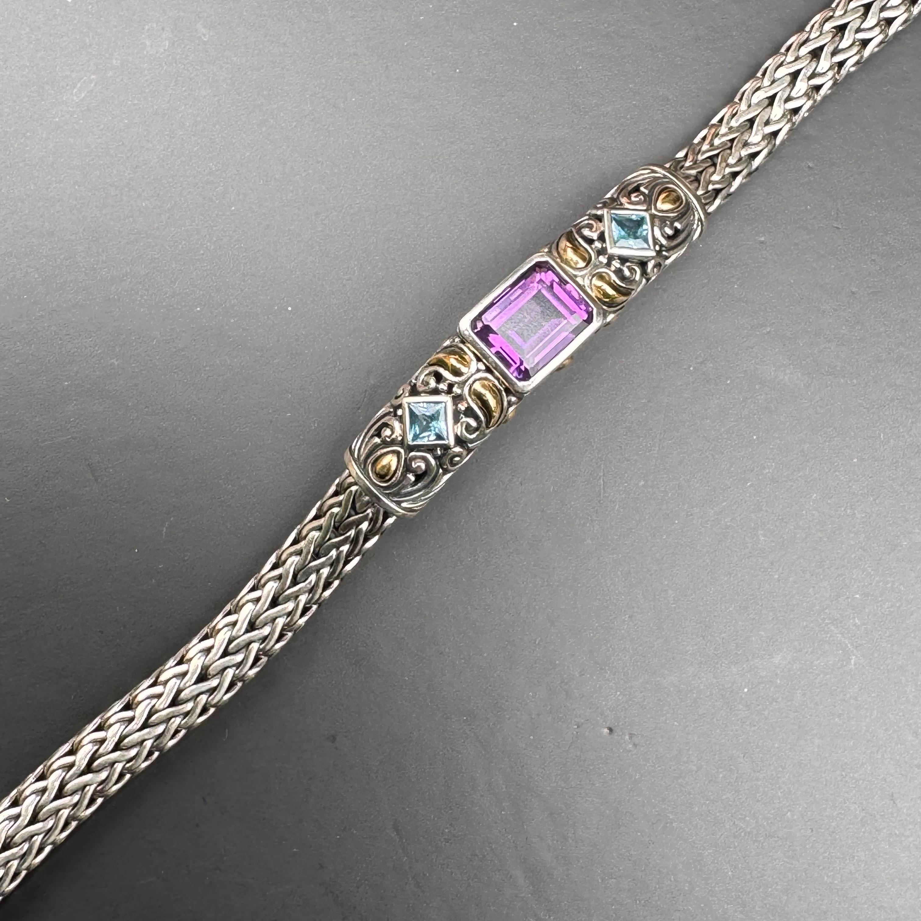 Square Cut Sterling Silver 18kt Gold Amethyst Flexible Chain Bracelet For Sale