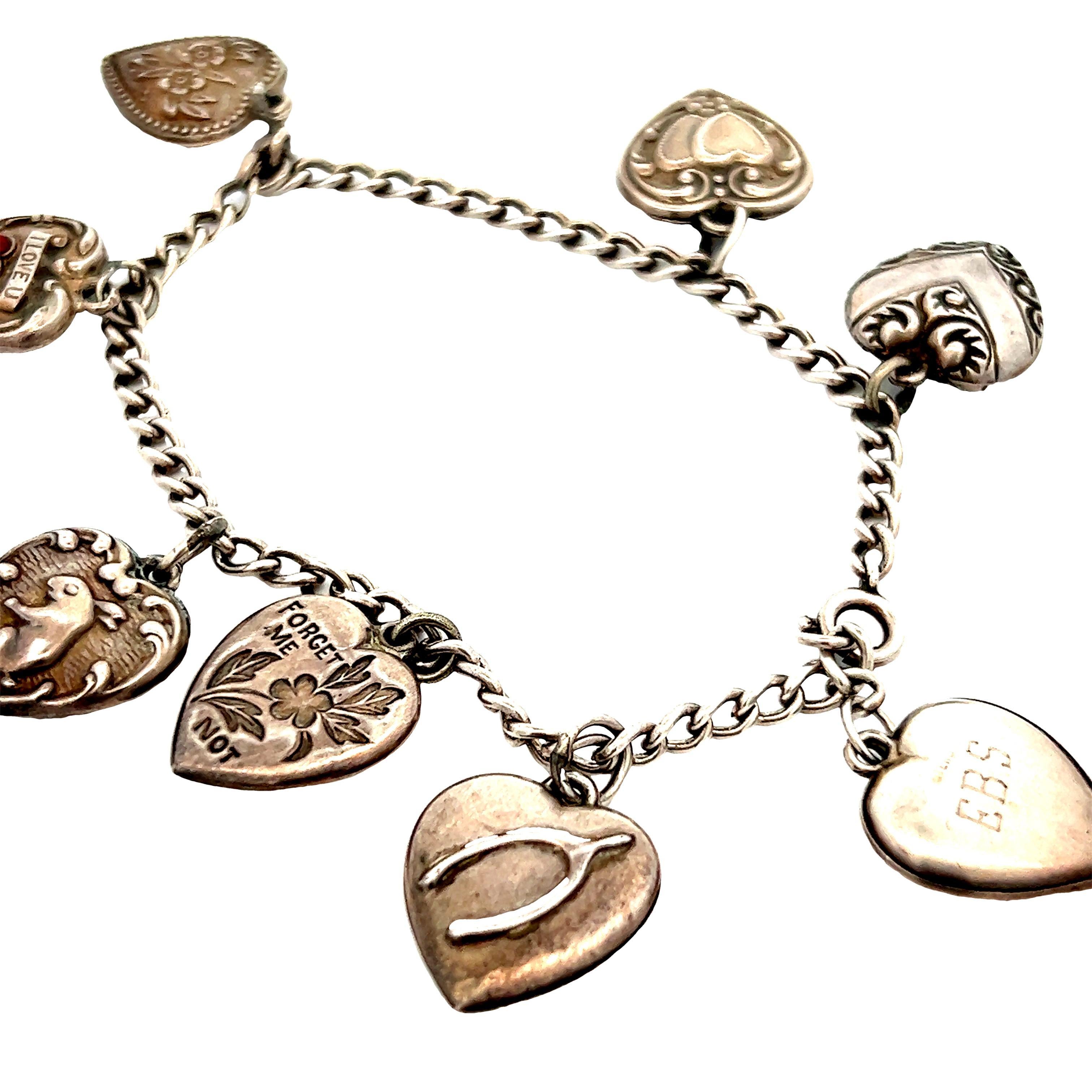 Women's Sterling Silver 1940s Art Deco Original Charm Bracelet For Sale