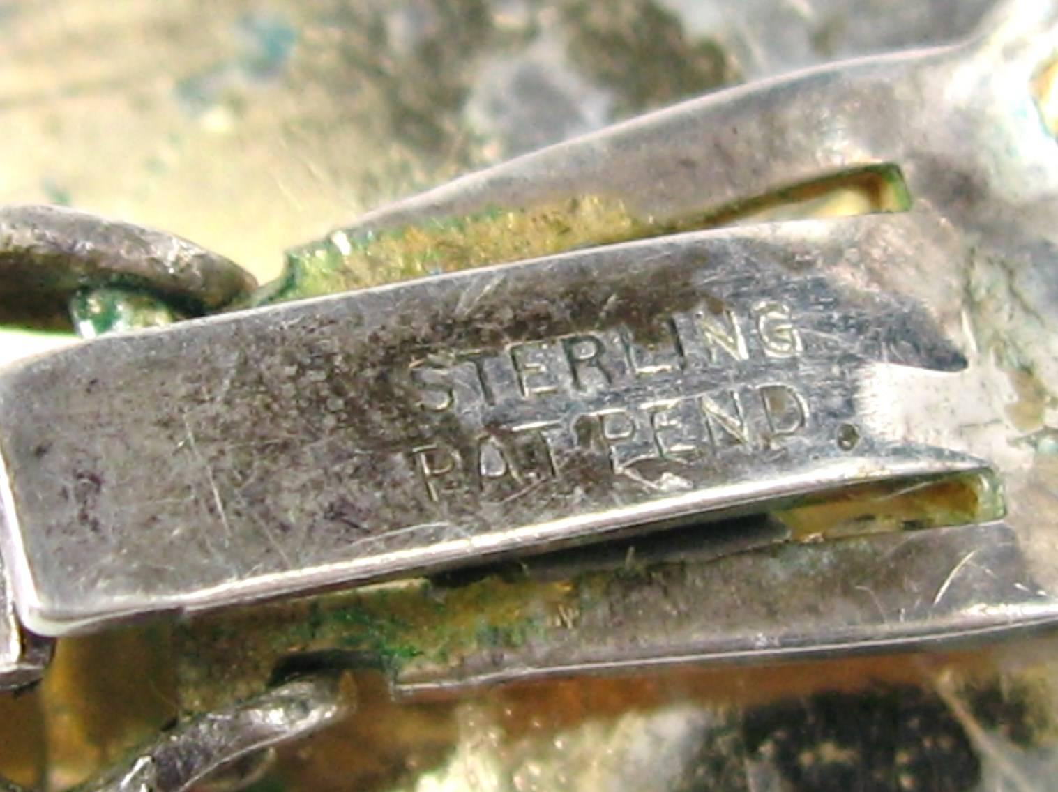Sterling Silver 1940s Enamel Coat Clip Pin- Brooch with Earrings Antique For Sale 3