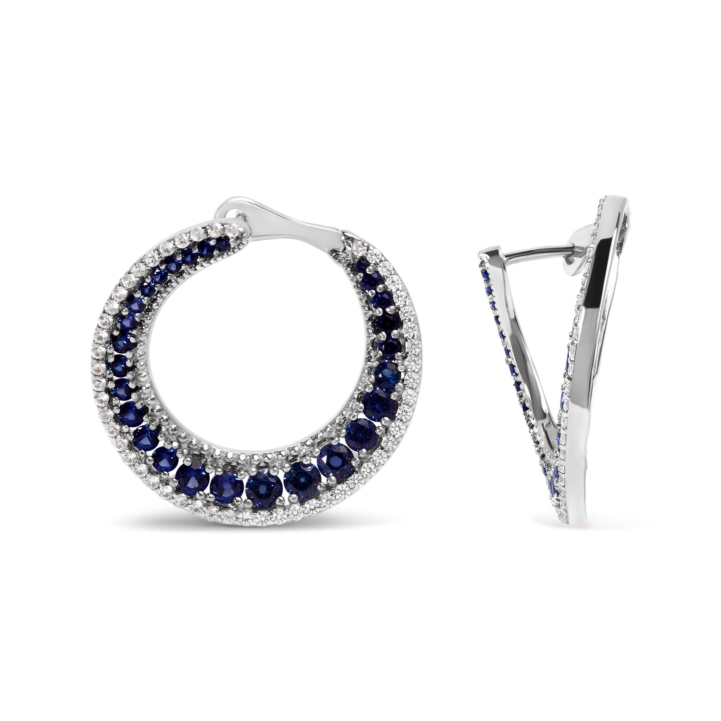 Contemporary Sterling Silver 2 3/4 Carat Blue Sapphire Crescent Moon Disc Style Hoop Earrings For Sale