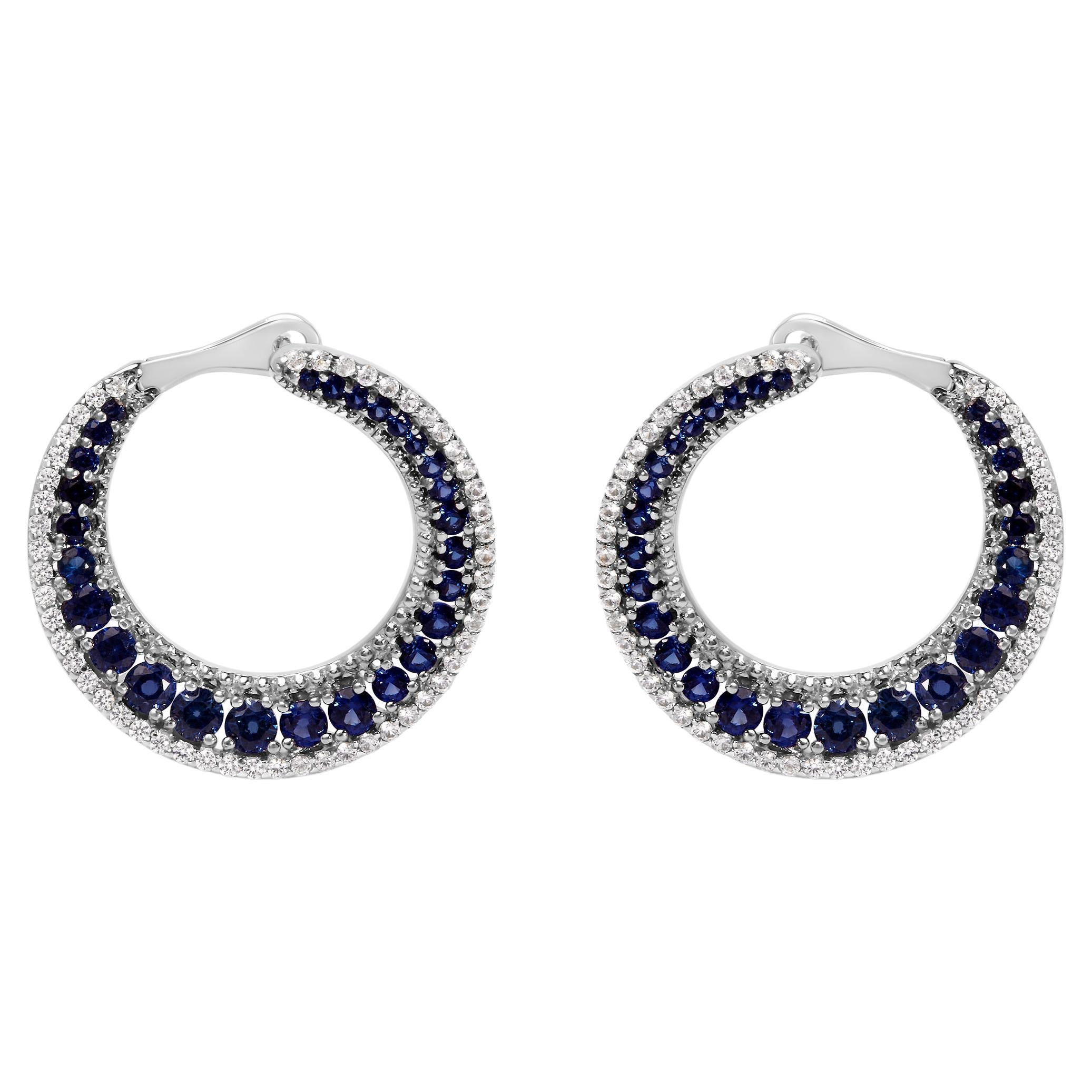 Sterling Silver 2 3/4 Carat Blue Sapphire Crescent Moon Disc Style Hoop Earrings