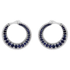 Sterling Silver 2 3/4 Carat Blue Sapphire Crescent Moon Disc Style Hoop Earrings