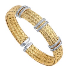 Sterling Silver 2-Tone 18K Gold Plated Bracelet 12mm Mesh Cuff with CZ
