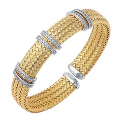 Sterling Silver 2-Tone 18K Gold Plated Bracelet 12mm Mesh Cuff with CZ