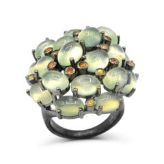 Sterling Silver 20 Carat Prehnite with Yellow and Orange Sapphire Flower Ring