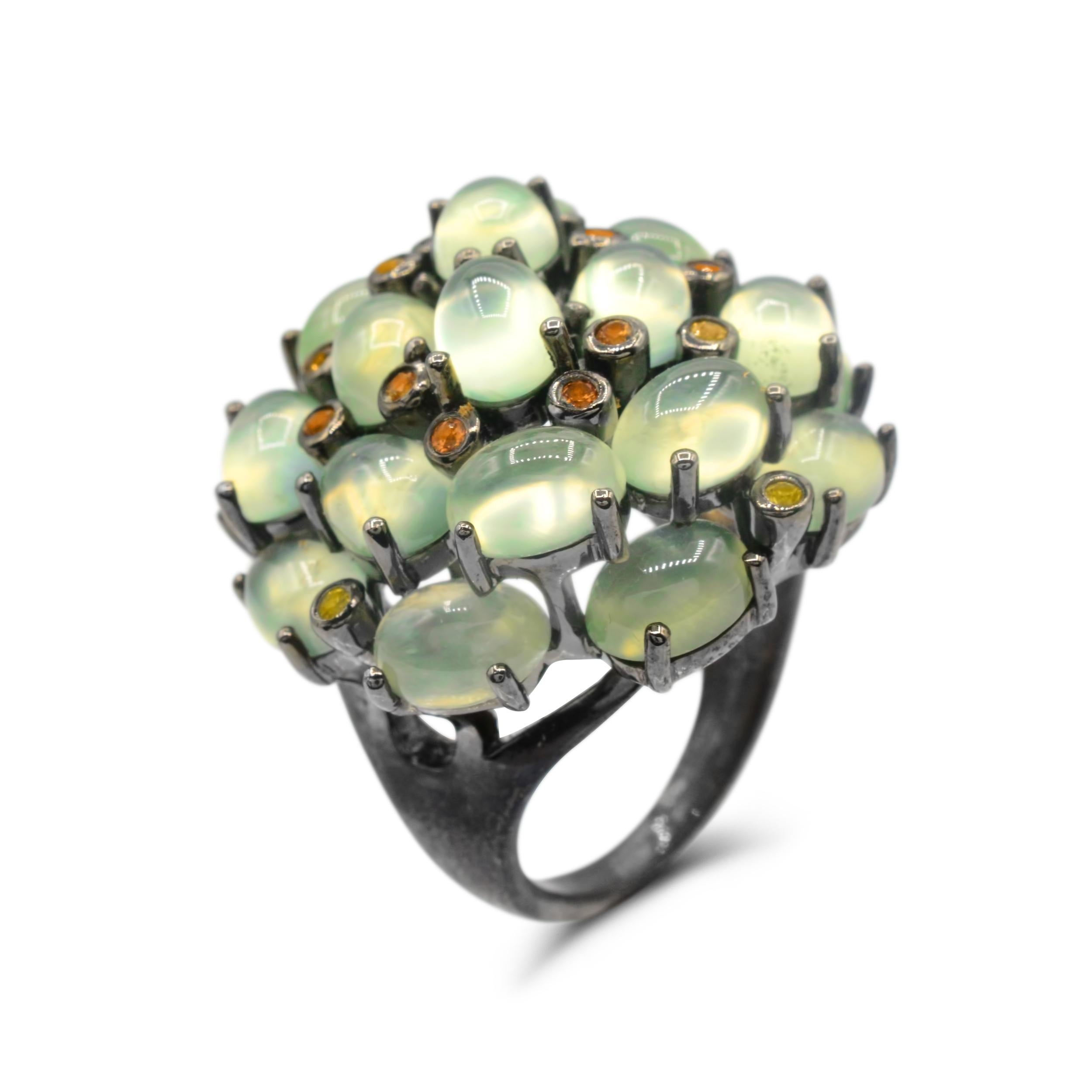 Modern Sterling Silver 20 Carat Prehnite with Yellow and Orange Sapphire Flower Ring For Sale