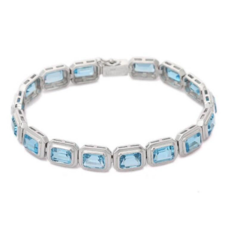 Modern Sterling Silver 20.34 Carat Blue Topaz Tennis Bracelet, Grandma Gift For Sale