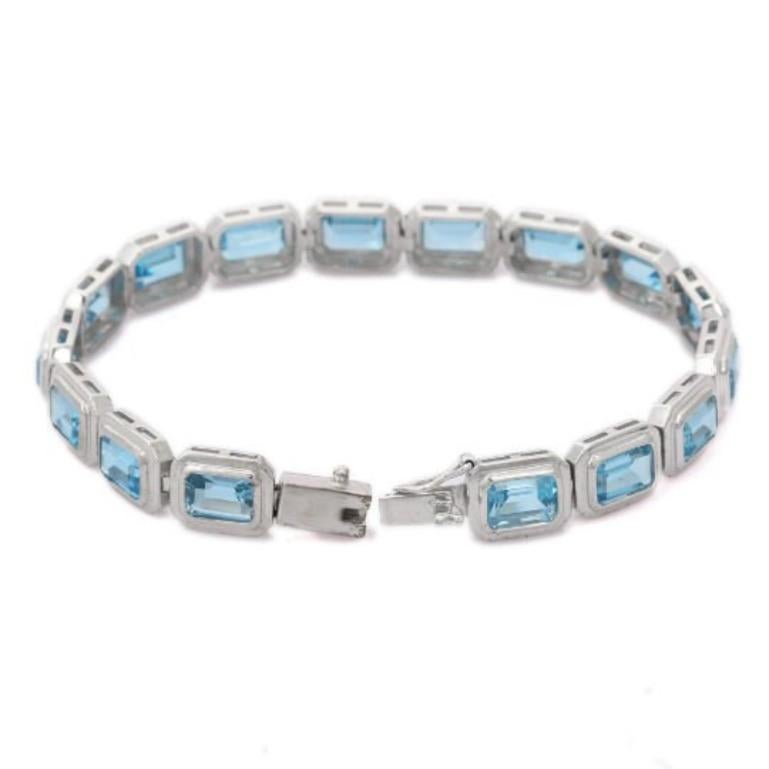Octagon Cut Sterling Silver 20.34 Carat Blue Topaz Tennis Bracelet, Grandma Gift For Sale