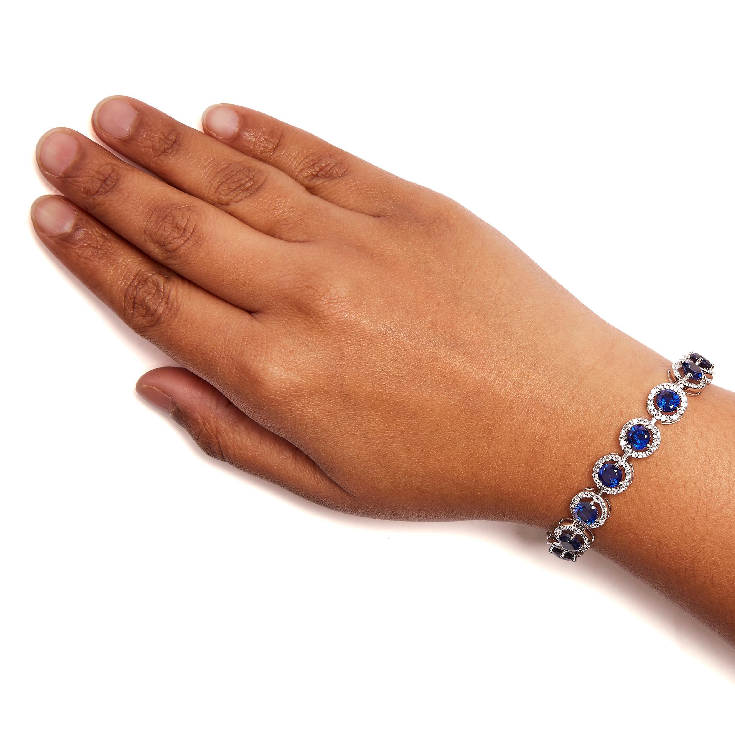 Round Cut Sterling Silver 21.0 Cttw Created Blue Sapphire & White Topaz Halo Link Bracelet For Sale