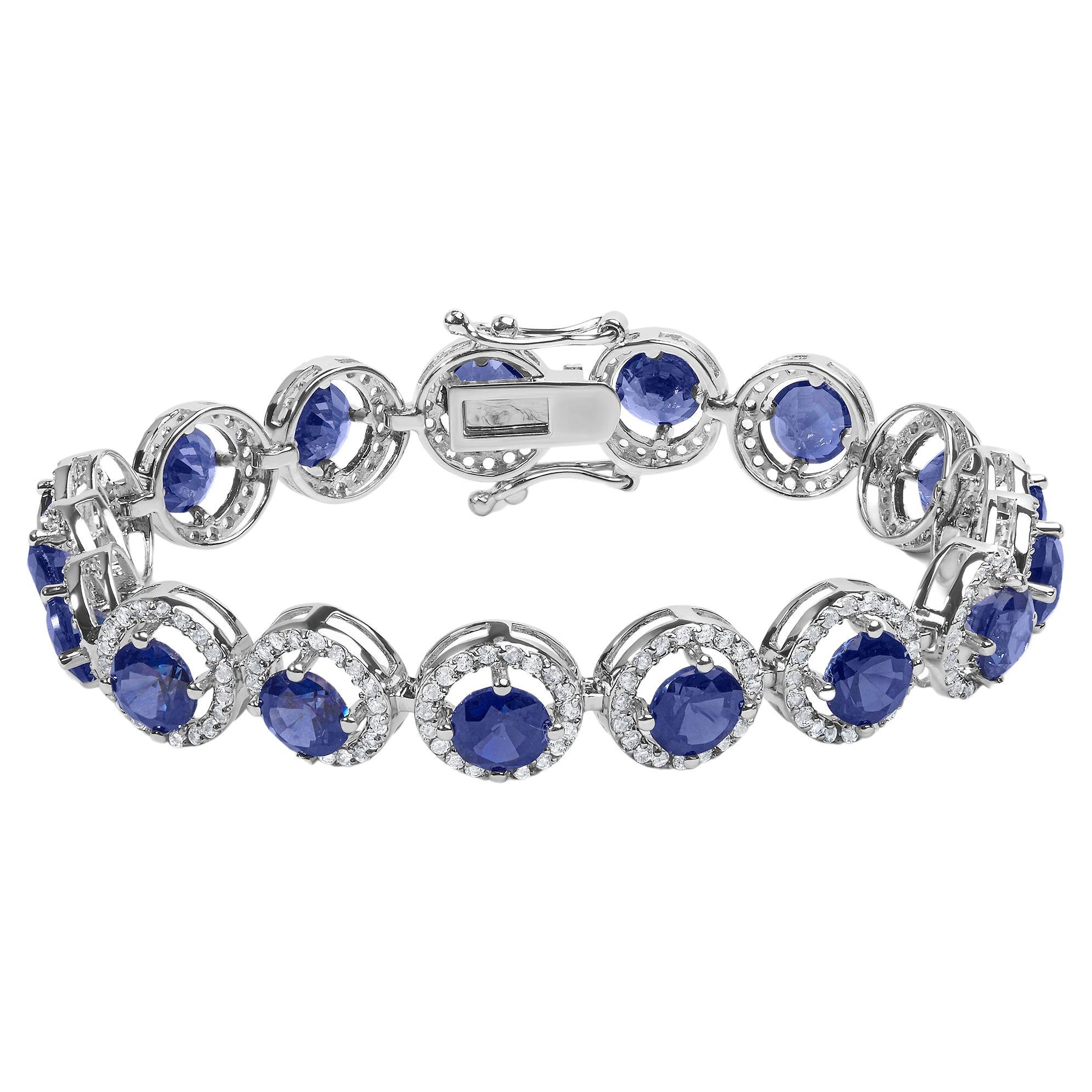 Sterling Silver 21.0 Cttw Created Blue Sapphire & White Topaz Halo Link Bracelet
