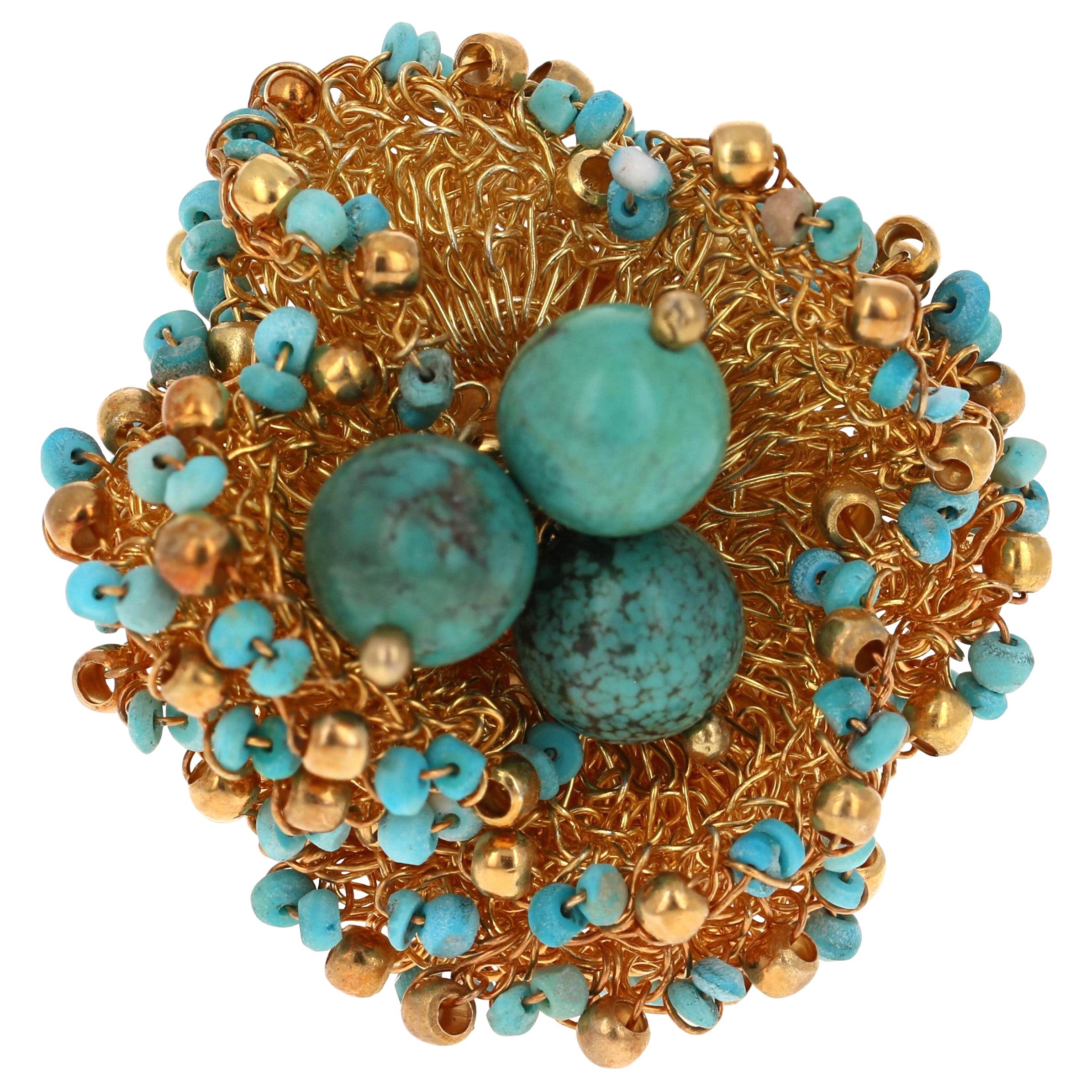 Sterling Silver 22 Karat Gold-Plated Genuine Turquoise Ring