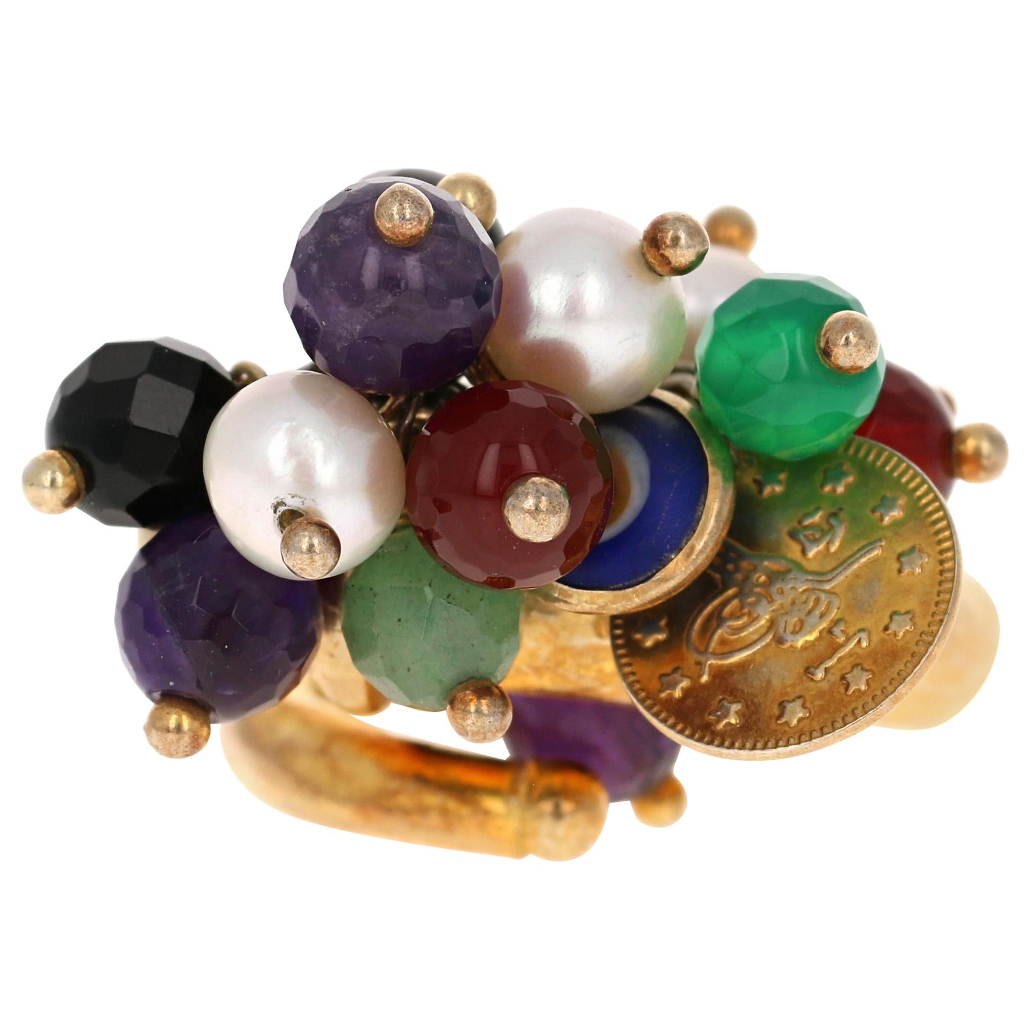 Sterling Silver 22 Karat Gold-Plated Multi-Stone Bead Ring