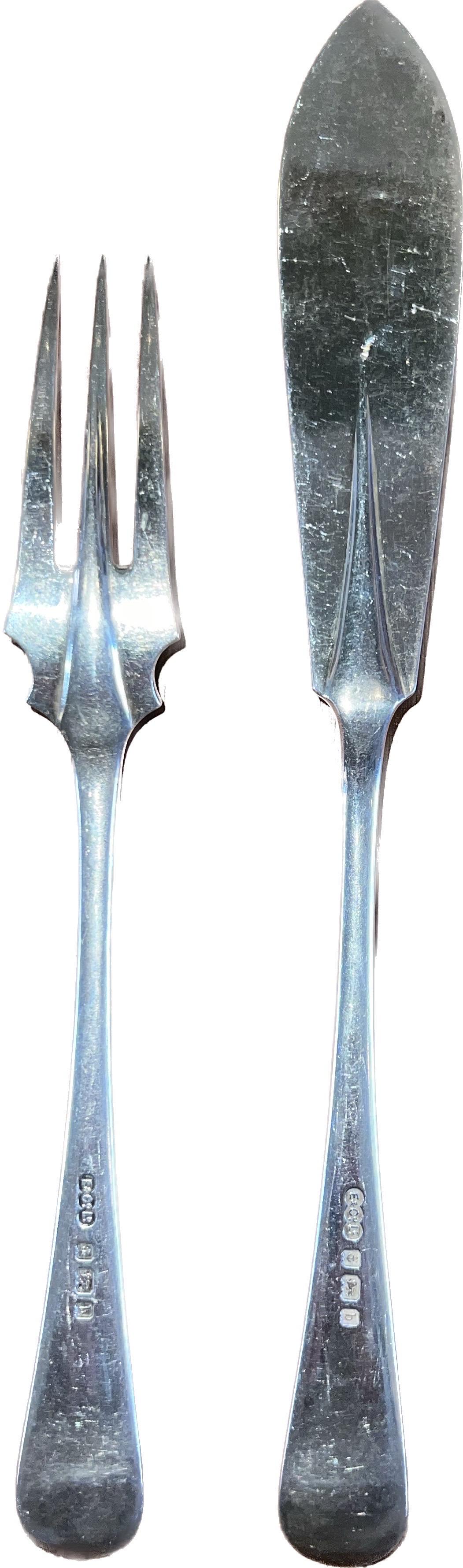 20th Century Unicorn Monogrammed Sterling Silver 12 Fork & 10 Knife Fish Set