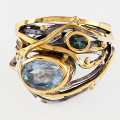 Sterling Silver & 22k Gold Band Ring w/ Peridot and Quartz Accents