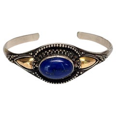 Vintage Sterling Silver 22K Yellow Gold Accent Lapis Lazuli Cuff Bracelet