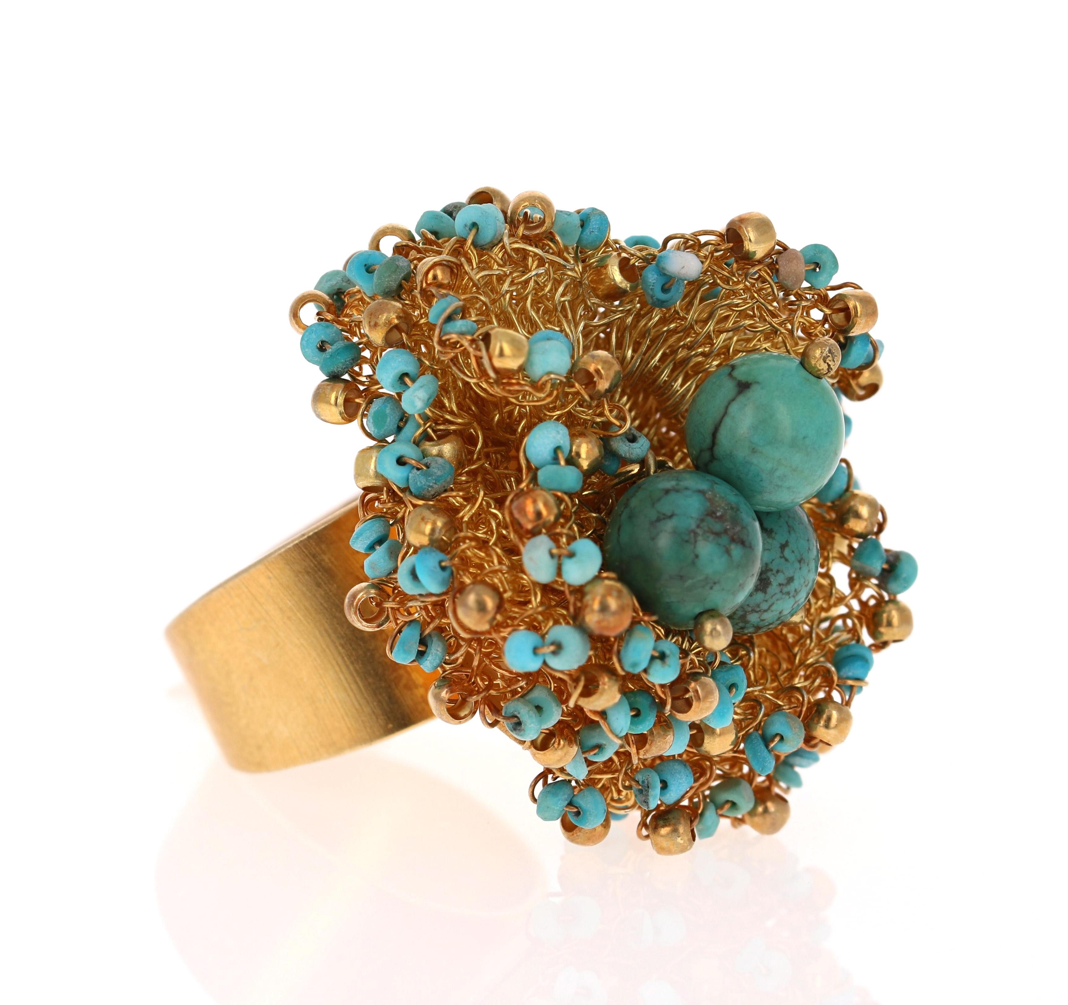 Contemporary Sterling Silver 22 Karat Gold-Plated Genuine Turquoise Ring