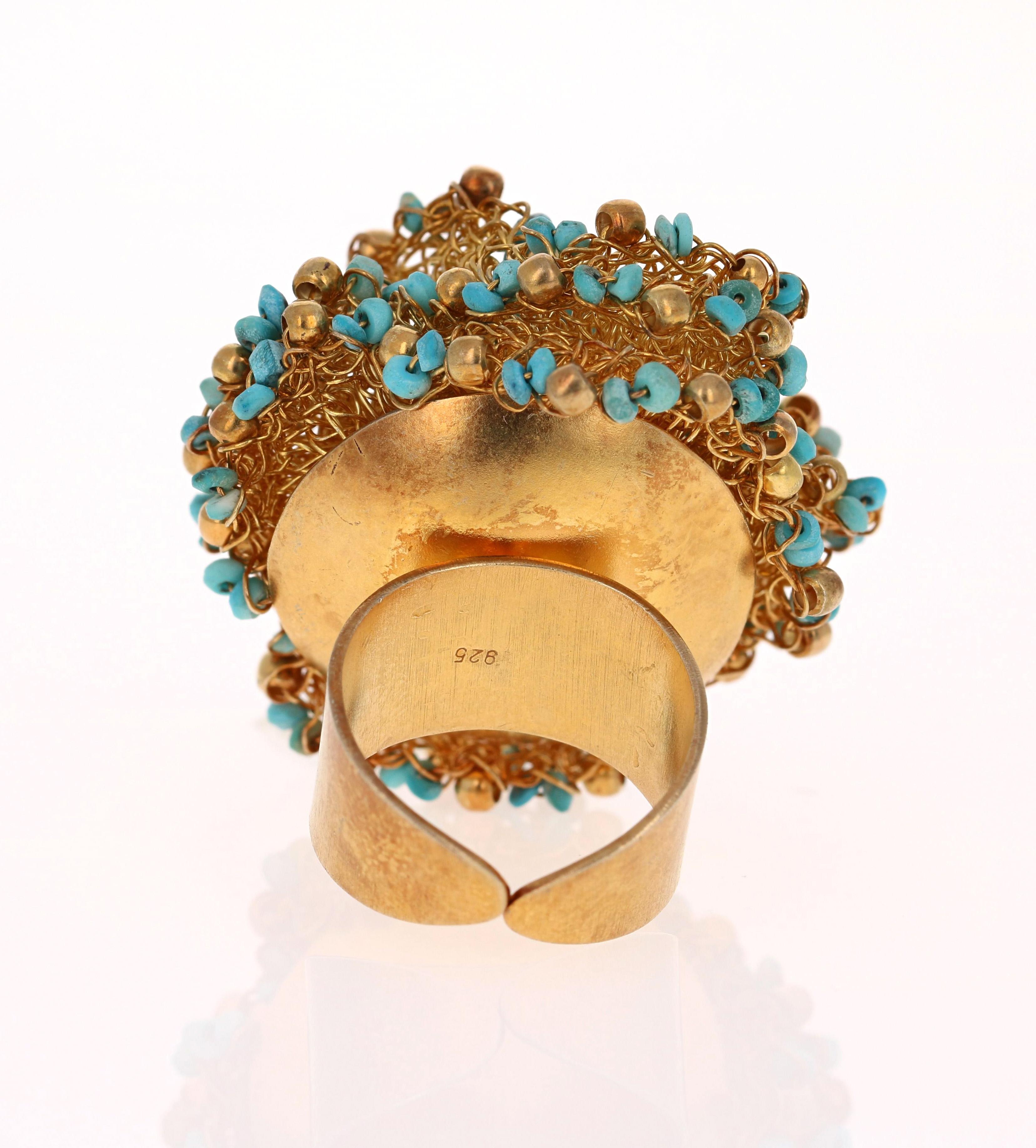 Bead Sterling Silver 22 Karat Gold-Plated Genuine Turquoise Ring