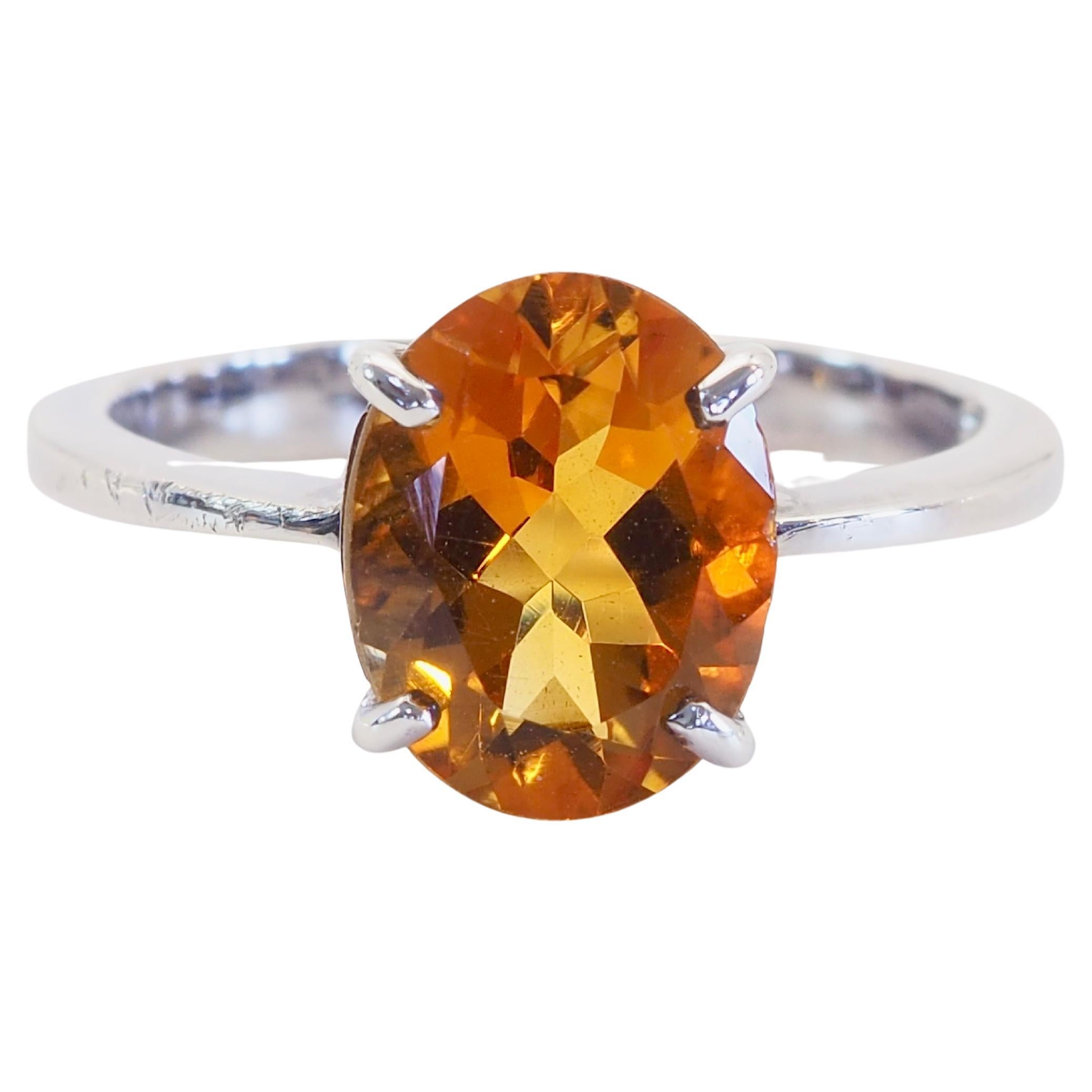 Sterling Silver 2.30ct Oval Cut Citrine Solitaire Ring, Size 7.25 For Sale