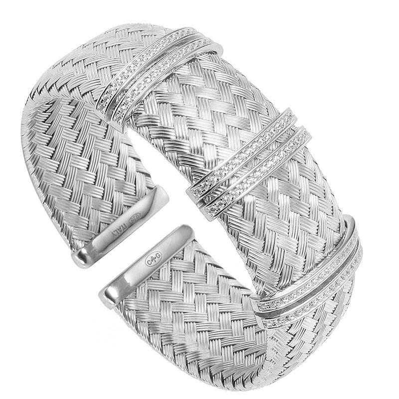 Modern Sterling Silver 23mm Mesh Cuff with CZ, Rhodium Finish For Sale