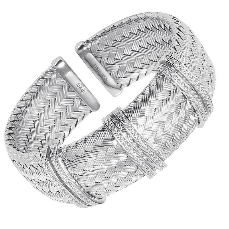 Round Cut Sterling Silver 23mm Mesh Cuff with CZ, Rhodium Finish For Sale