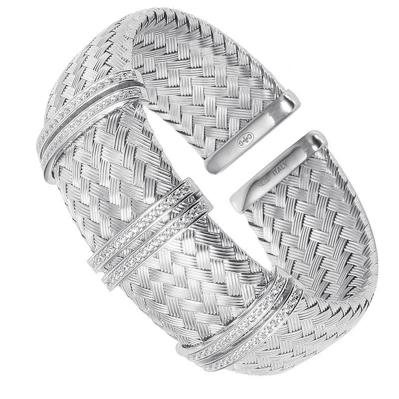 Sterling Silver 23mm Mesh Cuff with CZ, Rhodium Finish In New Condition For Sale In Dallas, TX