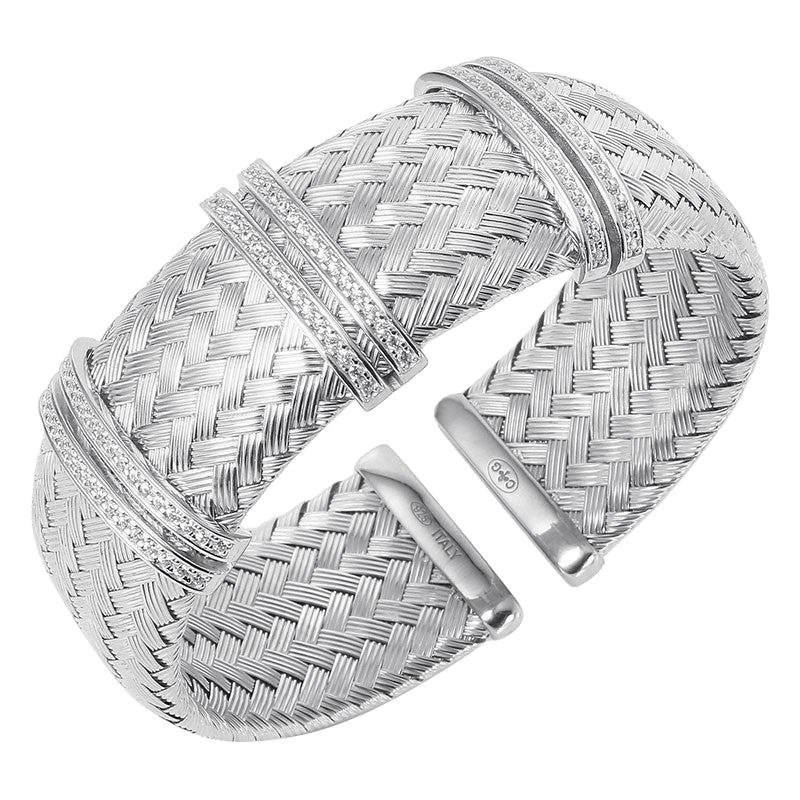 Sterling Silver 23mm Mesh Cuff with CZ, Rhodium Finish For Sale