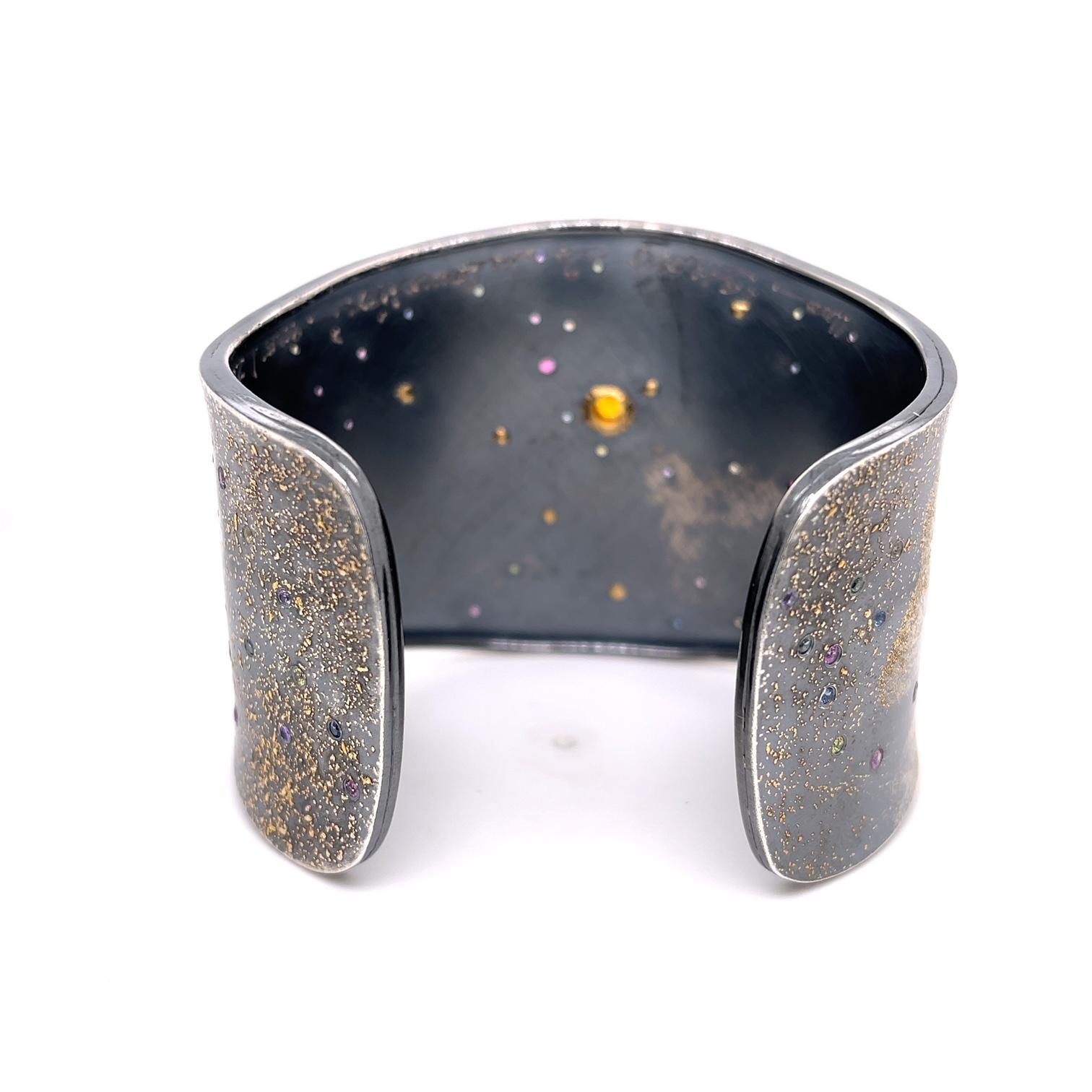 Contemporary Sterling Silver, 24k and 18k Yellow Gold Butterfly Cuff with Colored Sapphires For Sale