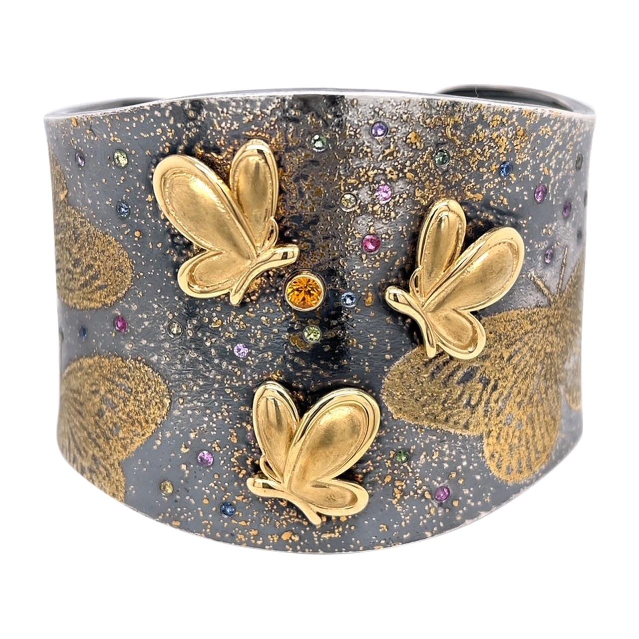 Sterling Silver, 24k and 18k Yellow Gold Butterfly Cuff with Colored Sapphires