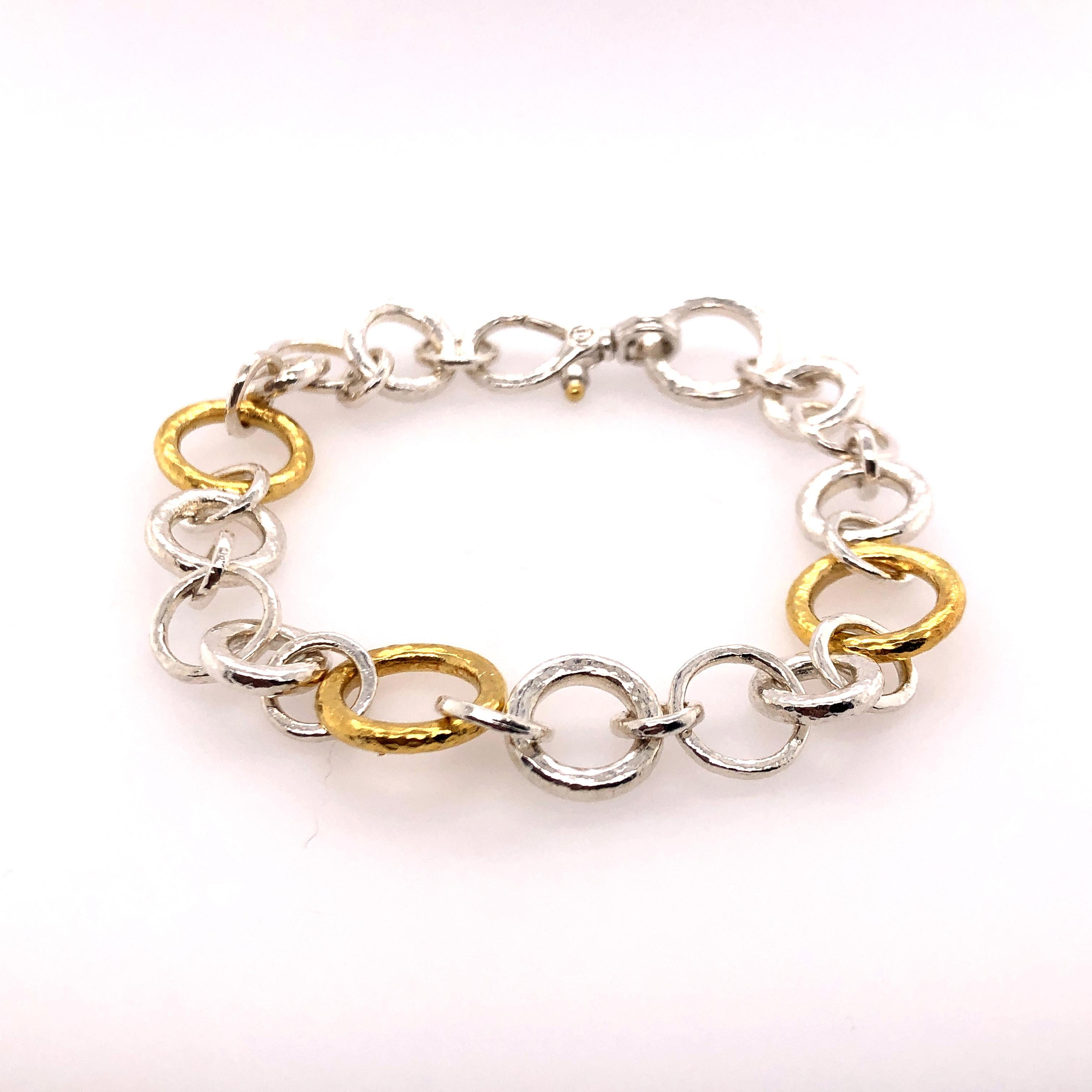 Contemporary Sterling Silver & 24KY Mixed Size Round Link Bracelet For Sale