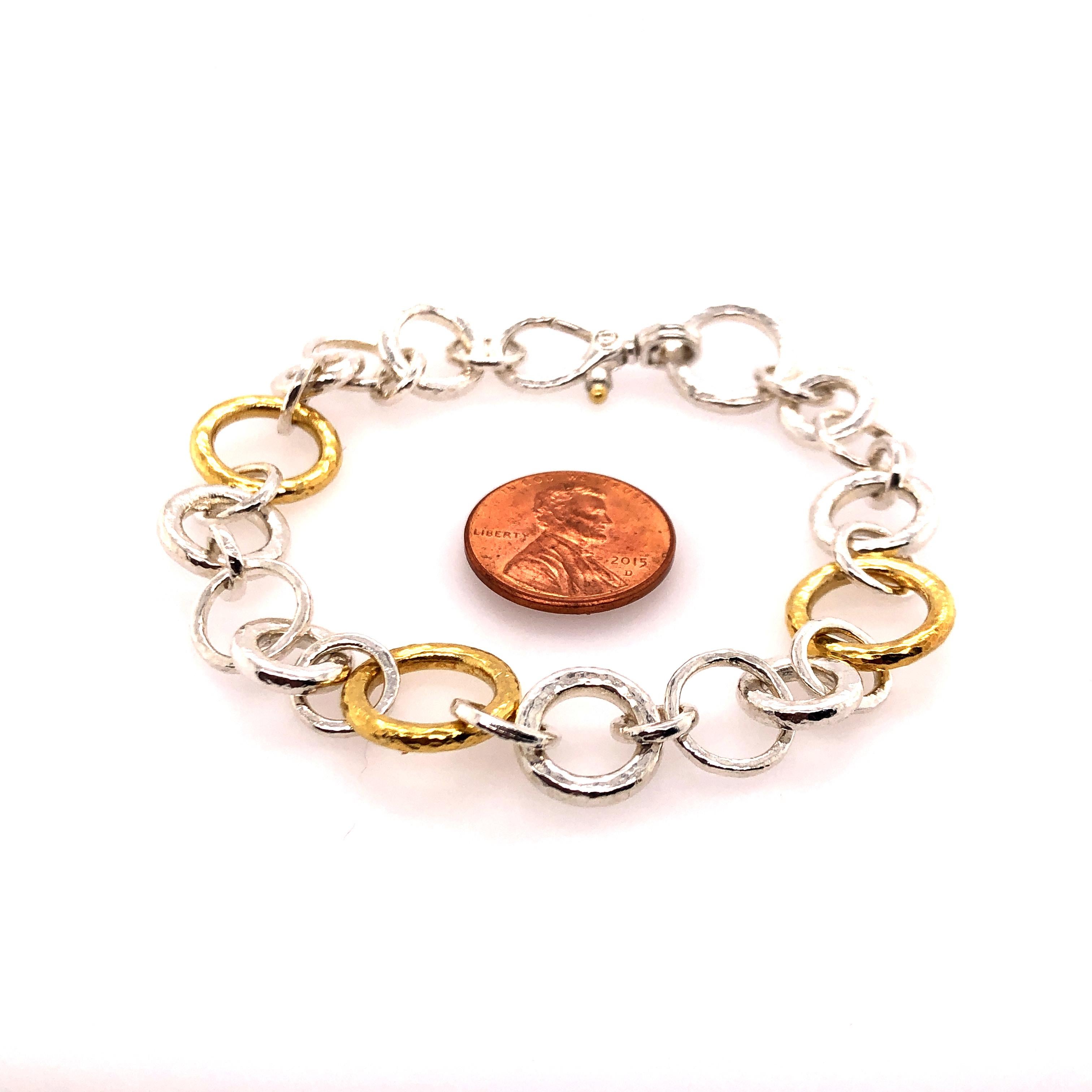 Sterling Silver & 24KY Mixed Size Round Link Bracelet In New Condition For Sale In Dallas, TX