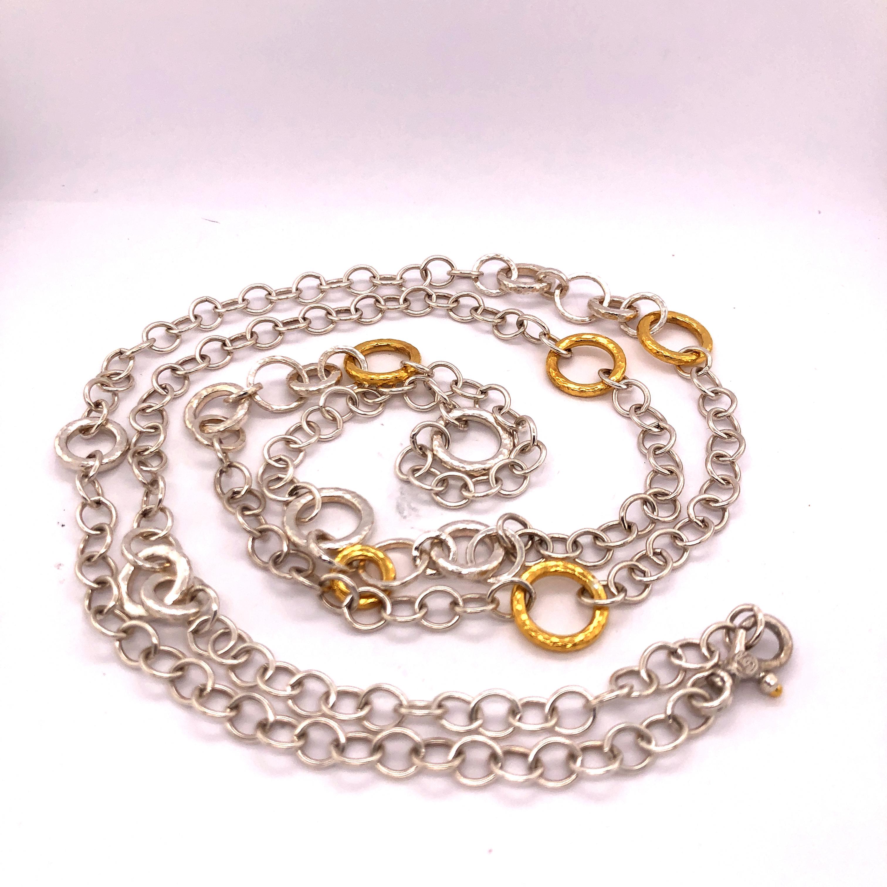 Contemporary Sterling Silver & 24KY Mixed Size Round Link Chain Necklace For Sale